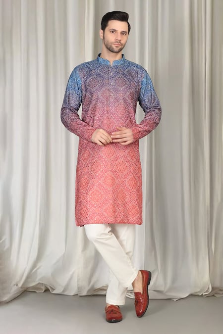 Shop_Aham-Vayam_Coral Cotton Sequins Ombre Bandhani Embroidered Kurta And Pant Set _Online_at_Aza_Fashions