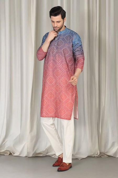 Buy_Aham-Vayam_Coral Cotton Sequins Ombre Bandhani Embroidered Kurta And Pant Set 