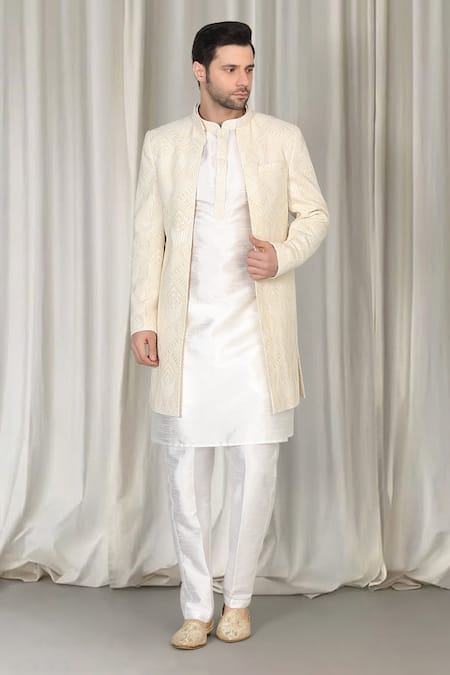 Shop_Aham-Vayam_Ivory Cotton Embroidery, Sequins Pavitra Geometric Sherwani Set _Online_at_Aza_Fashions