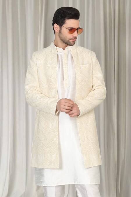 Aham-Vayam_Ivory Cotton Embroidery, Sequins Pavitra Geometric Sherwani Set _at_Aza_Fashions