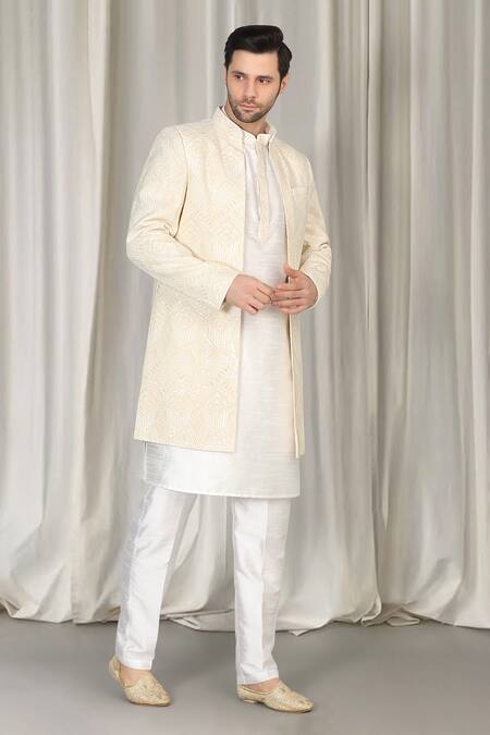 Buy_Aham-Vayam_Ivory Cotton Embroidery, Sequins Pavitra Geometric Sherwani Set 