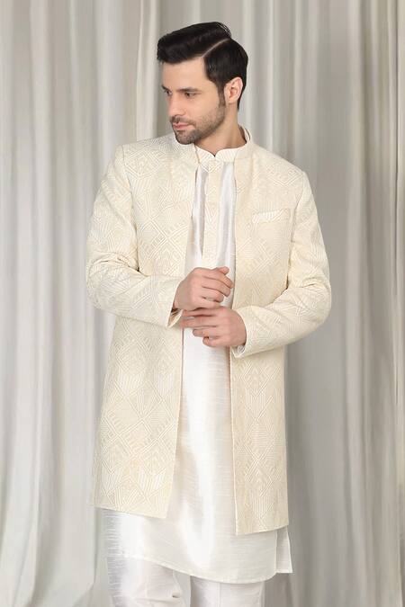 Shop_Aham-Vayam_Ivory Cotton Embroidery, Sequins Pavitra Geometric Sherwani Set 