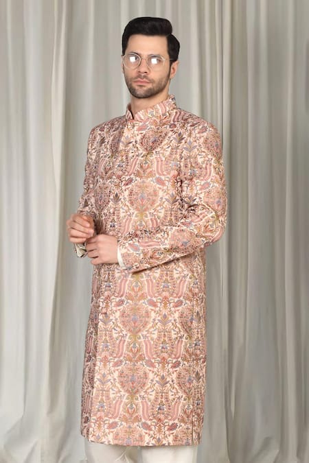 Buy_Aham-Vayam_Coral Cotton, Silk Embroidery Kashmiriyat Sherwani Set _Online_at_Aza_Fashions