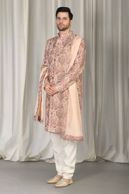 Shop_Aham-Vayam_Coral Cotton, Silk Embroidery Kashmiriyat Sherwani Set _Online_at_Aza_Fashions
