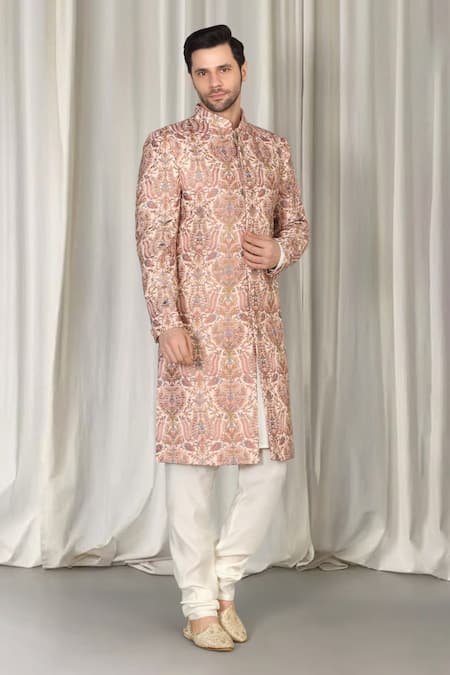 Buy_Aham-Vayam_Coral Cotton, Silk Embroidery Kashmiriyat Sherwani Set 