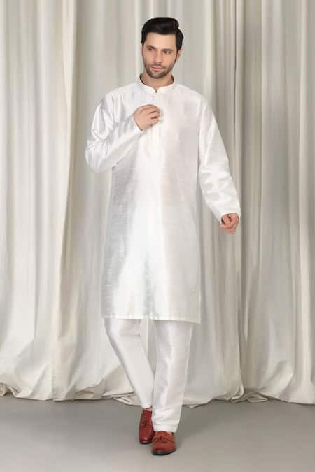 Shop_Aham-Vayam_Ivory Cotton, Silk Embroidery Mihir Woven Pattern Sherwani Set _Online_at_Aza_Fashions