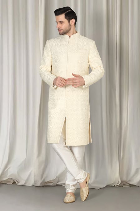 Buy Aham-Vayam Ivory Cotton, Silk Embroidery Jashne Bahar Sherwani Set Online at Aza Fashions Buy_Aham-Vayam_Ivory Cotton, Silk Embroidery Jashne Bahar Sherwani Set _Online_at_Aza_Fashions