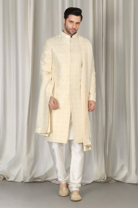 Shop Aham-Vayam Ivory Cotton, Silk Embroidery Jashne Bahar Sherwani Set Online at Aza Fashions Shop_Aham-Vayam_Ivory Cotton, Silk Embroidery Jashne Bahar Sherwani Set _Online_at_Aza_Fashions