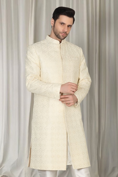 Shop Aham-Vayam Ivory Cotton, Silk Embroidery Jashne Bahar Sherwani Set Shop_Aham-Vayam_Ivory Cotton, Silk Embroidery Jashne Bahar Sherwani Set