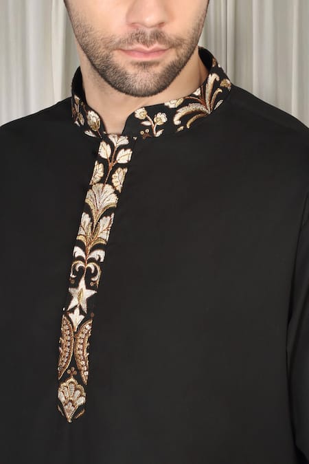Shop_Aham-Vayam_Black Cotton, Silk Embroidery Phool Nehru Jacket Kurta Set _Online_at_Aza_Fashions