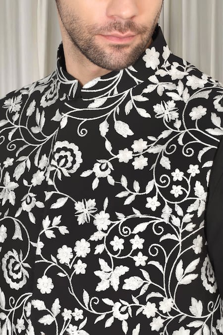 Aham-Vayam_Black Cotton, Silk Embroidery Phool Nehru Jacket Kurta Set _at_Aza_Fashions