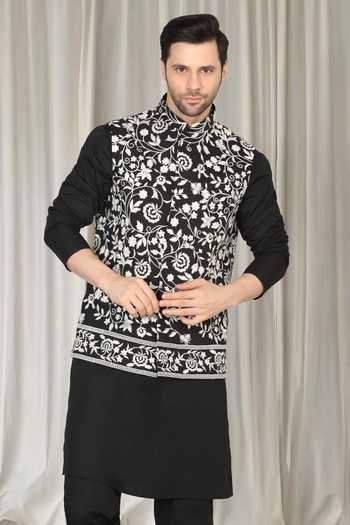 Aham-Vayam Black Cotton, Silk Embroidery Phool Nehru Jacket Kurta Set  9