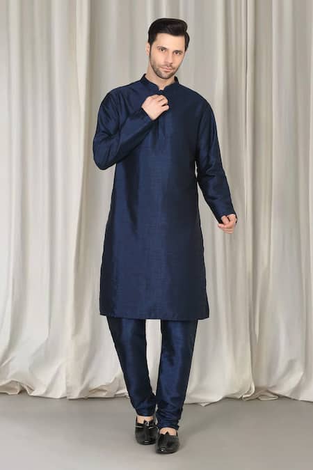 Buy_Aham-Vayam_Blue Cotton, Silk Embroidery, Metallic Thread Kashmiriyat Sherwani Kurta Set _Online_at_Aza_Fashions
