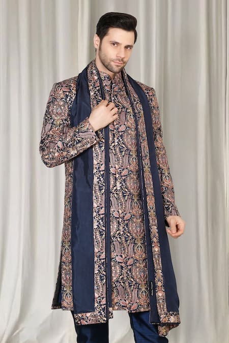 Shop_Aham-Vayam_Blue Cotton, Silk Embroidery, Metallic Thread Kashmiriyat Sherwani Kurta Set _Online_at_Aza_Fashions