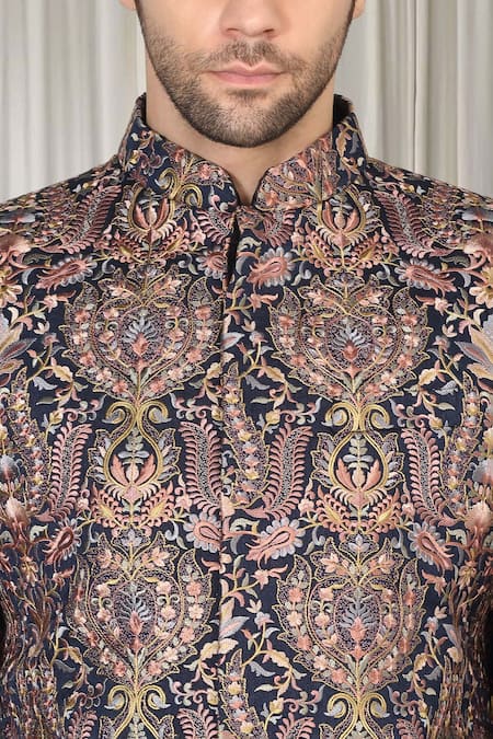 Buy_Aham-Vayam_Blue Cotton, Silk Embroidery, Metallic Thread Kashmiriyat Sherwani Kurta Set 