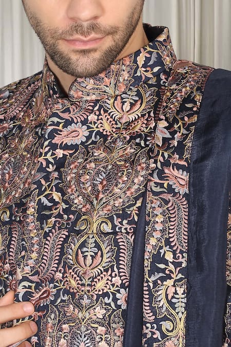 Shop_Aham-Vayam_Blue Cotton, Silk Embroidery, Metallic Thread Kashmiriyat Sherwani Kurta Set 