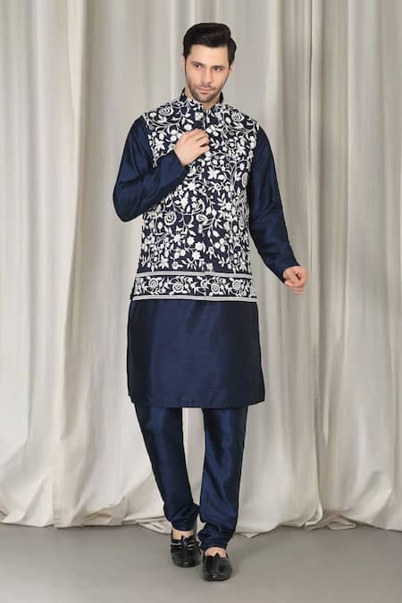 Buy_Aham-Vayam_Navy Cotton, Silk Embroidery Phool Nehru Jacket Kurta Set _Online_at_Aza_Fashions