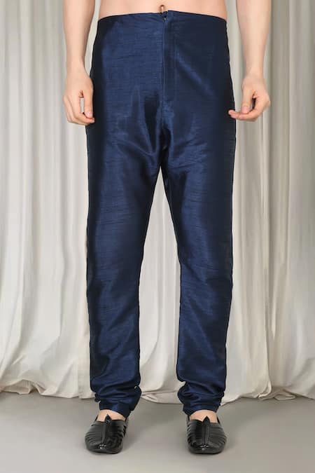 Aham-Vayam_Navy Cotton, Silk Embroidery Phool Nehru Jacket Kurta Set _at_Aza_Fashions