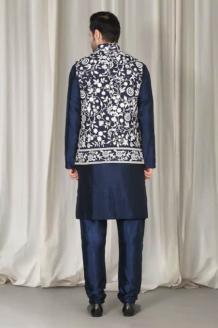 Aham-Vayam Phool Embroidered Nehru Jacket Kurta Set 