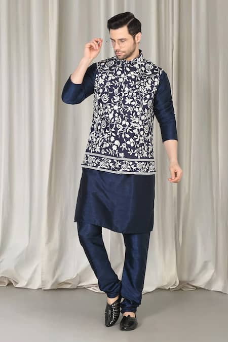 Aham-Vayam Phool Embroidered Nehru Jacket Kurta Set 