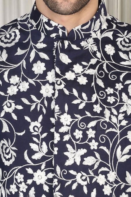Shop_Aham-Vayam_Navy Cotton, Silk Embroidery Phool Nehru Jacket Kurta Set 