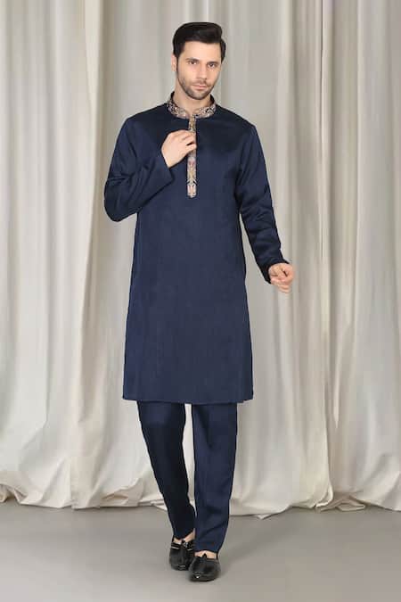 Aham-Vayam_Navy Cotton, Silk Embroidery Kashmiriyat Sherwani Jacket Set _Online_at_Aza_Fashions