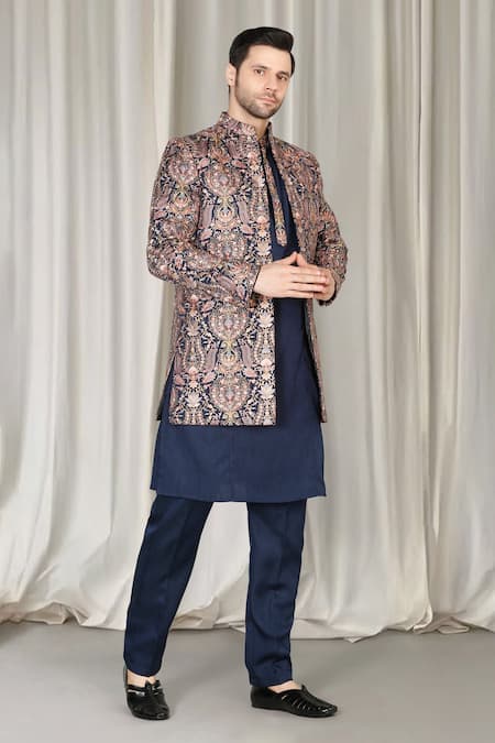 Aham-Vayam_Navy Cotton, Silk Embroidery Kashmiriyat Sherwani Jacket Set _at_Aza_Fashions