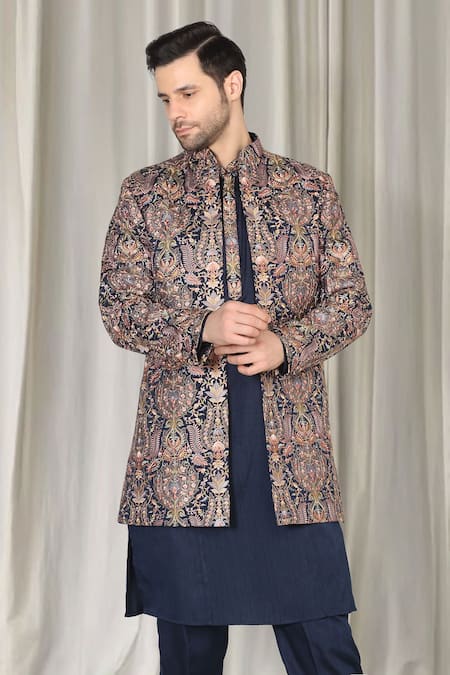 Buy_Aham-Vayam_Navy Cotton, Silk Embroidery Kashmiriyat Sherwani Jacket Set 