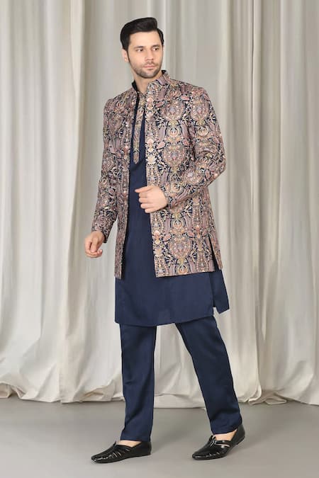 Shop_Aham-Vayam_Navy Cotton, Silk Embroidery Kashmiriyat Sherwani Jacket Set 