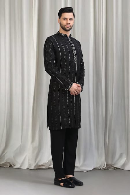 Aham-Vayam_Black Cotton Sequins Embroidered Striped Kurta And Pant Set _Online_at_Aza_Fashions