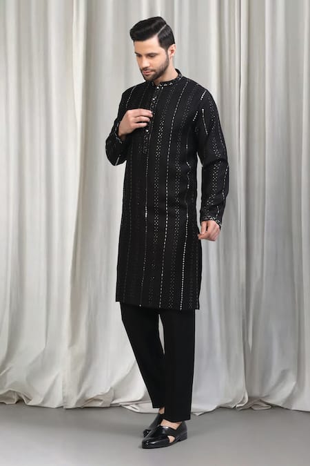 Shop_Aham-Vayam_Black Cotton Sequins Embroidered Striped Kurta And Pant Set _Online_at_Aza_Fashions