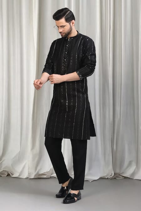 Aham-Vayam_Black Cotton Sequins Embroidered Striped Kurta And Pant Set _at_Aza_Fashions
