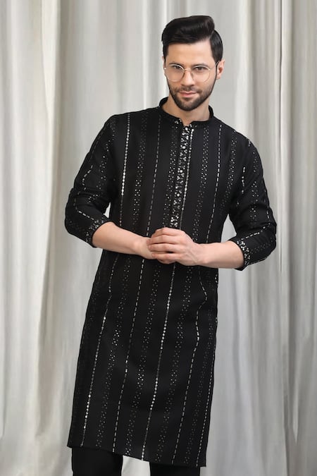 Buy_Aham-Vayam_Black Cotton Sequins Embroidered Striped Kurta And Pant Set 