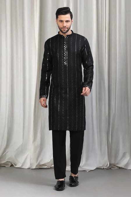 Shop Aham-Vayam Black Cotton Sequins Embroidered Striped Kurta And Pant Set Shop_Aham-Vayam_Black Cotton Sequins Embroidered Striped Kurta And Pant Set