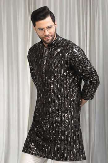 Buy_Aham-Vayam_Black Cotton Sequins Jhilmil Embroidered Kurta And Pant Set _Online_at_Aza_Fashions