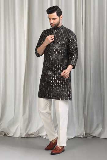 Shop_Aham-Vayam_Black Cotton Sequins Jhilmil Embroidered Kurta And Pant Set _Online_at_Aza_Fashions