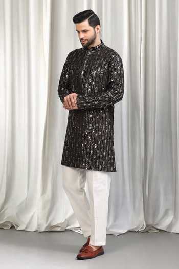 Aham-Vayam_Black Cotton Sequins Jhilmil Embroidered Kurta And Pant Set _at_Aza_Fashions
