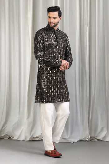 Buy_Aham-Vayam_Black Cotton Sequins Jhilmil Embroidered Kurta And Pant Set 