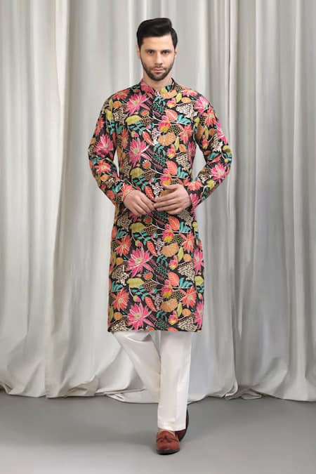 Shop_Aham-Vayam_Multi Color Cotton Satin, Cotton, Silk Embroidery, Sequins Floral Kurta Set _Online_at_Aza_Fashions