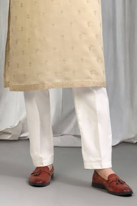 Aham-Vayam_Beige Cotton, Silk Embroidery, Sequins Kurta And Pant Set _Online_at_Aza_Fashions