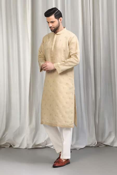 Buy_Aham-Vayam_Beige Cotton, Silk Embroidery, Sequins Kurta And Pant Set _Online_at_Aza_Fashions