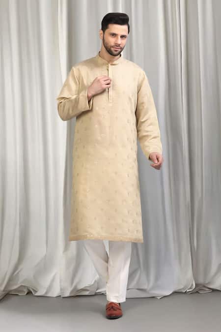 Shop_Aham-Vayam_Beige Cotton, Silk Embroidery, Sequins Kurta And Pant Set _Online_at_Aza_Fashions