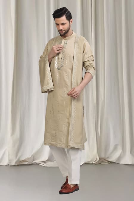 Shop_Aham-Vayam_Beige Mirrors, Sequins, Embroidery Tyohaar Kurta Set _Online_at_Aza_Fashions