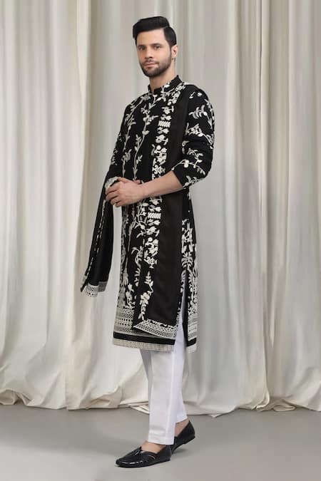 Aham-Vayam_Black Cotton Embroidery, Zari Phool Patti Kurta Set _at_Aza_Fashions