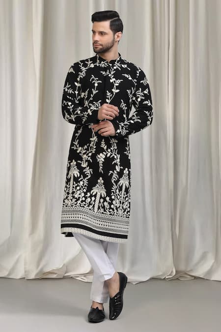 Buy_Aham-Vayam_Black Cotton Embroidery, Zari Phool Patti Kurta Set 