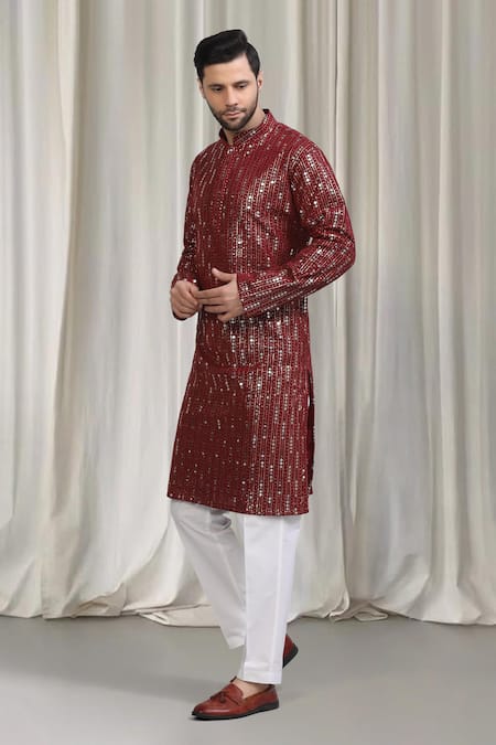 Aham-Vayam_Red Cotton Sequins Jhilmil Embroidered Kurta And Pant Set _Online_at_Aza_Fashions