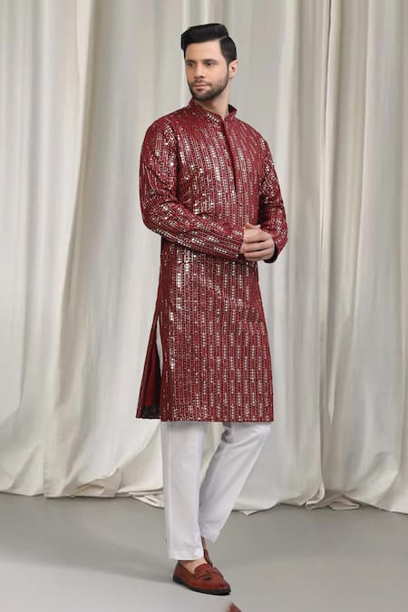 Aham-Vayam_Red Cotton Sequins Jhilmil Embroidered Kurta And Pant Set _at_Aza_Fashions