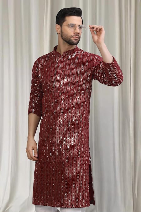 Shop_Aham-Vayam_Red Cotton Sequins Jhilmil Embroidered Kurta And Pant Set 