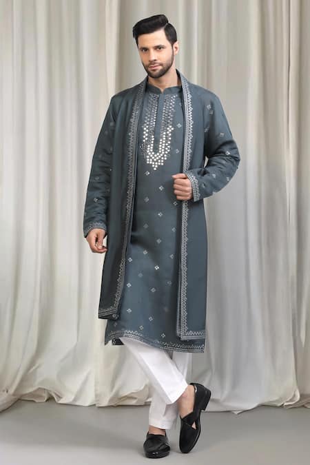 Aham-Vayam_Grey Cotton, Silk Mirrors, Embroidery Tyohaar Kurta Set _Online_at_Aza_Fashions