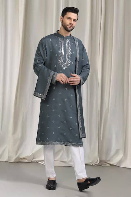 Aham-Vayam_Grey Cotton, Silk Mirrors, Embroidery Tyohaar Kurta Set _at_Aza_Fashions